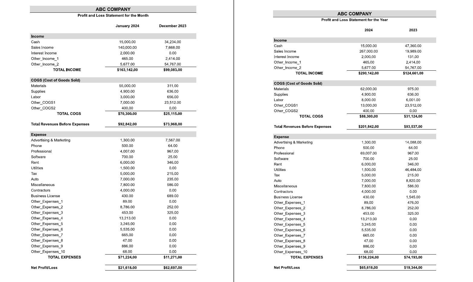 Profit and Loss Statement Template, Monthly and Annual Statement