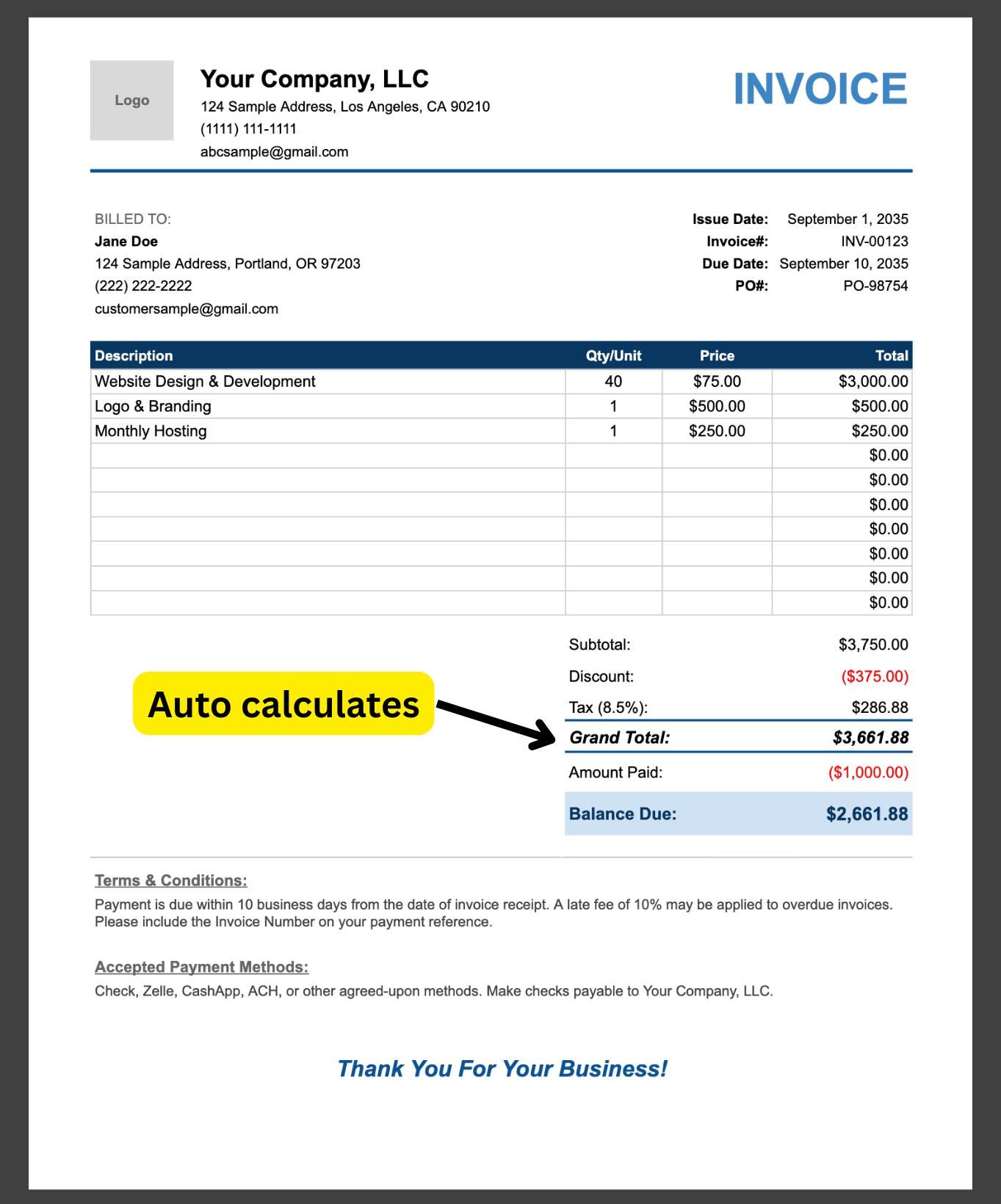 Editable Invoice Template for Small Business | Billing Receipt (excel ...