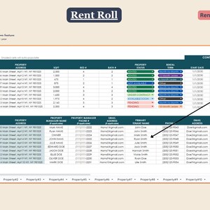 May include: A spreadsheet with the title "Rent Roll" and the text "Rental info all in one place!"  The spreadsheet is divided into columns with headings such as "Property Name", "Property Address", "Property Manager", "Email Address", "Tenant Name", "Primary Phone", "Secondary Phone", and "Contract".