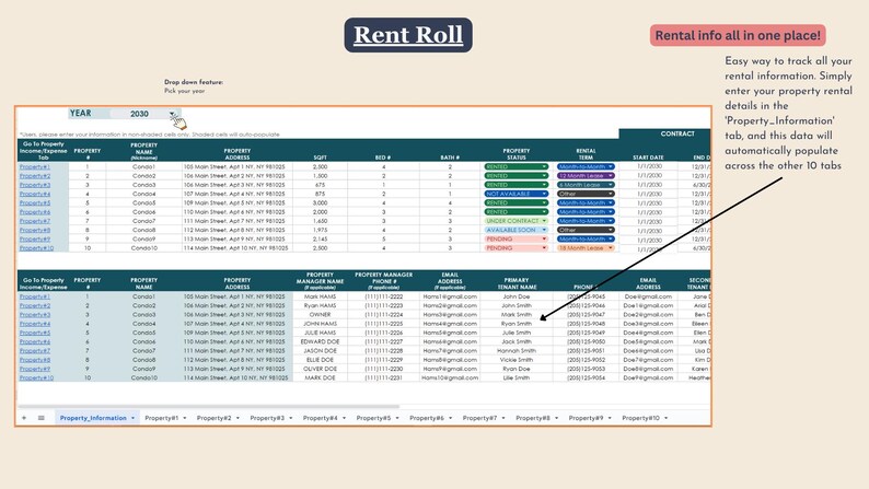 May include: A spreadsheet with the title "Rent Roll" and the text "Rental info all in one place!"  The spreadsheet is divided into columns with headings such as "Property Name", "Property Address", "Property Manager", "Email Address", "Tenant Name", "Primary Phone", "Secondary Phone", and "Contract".