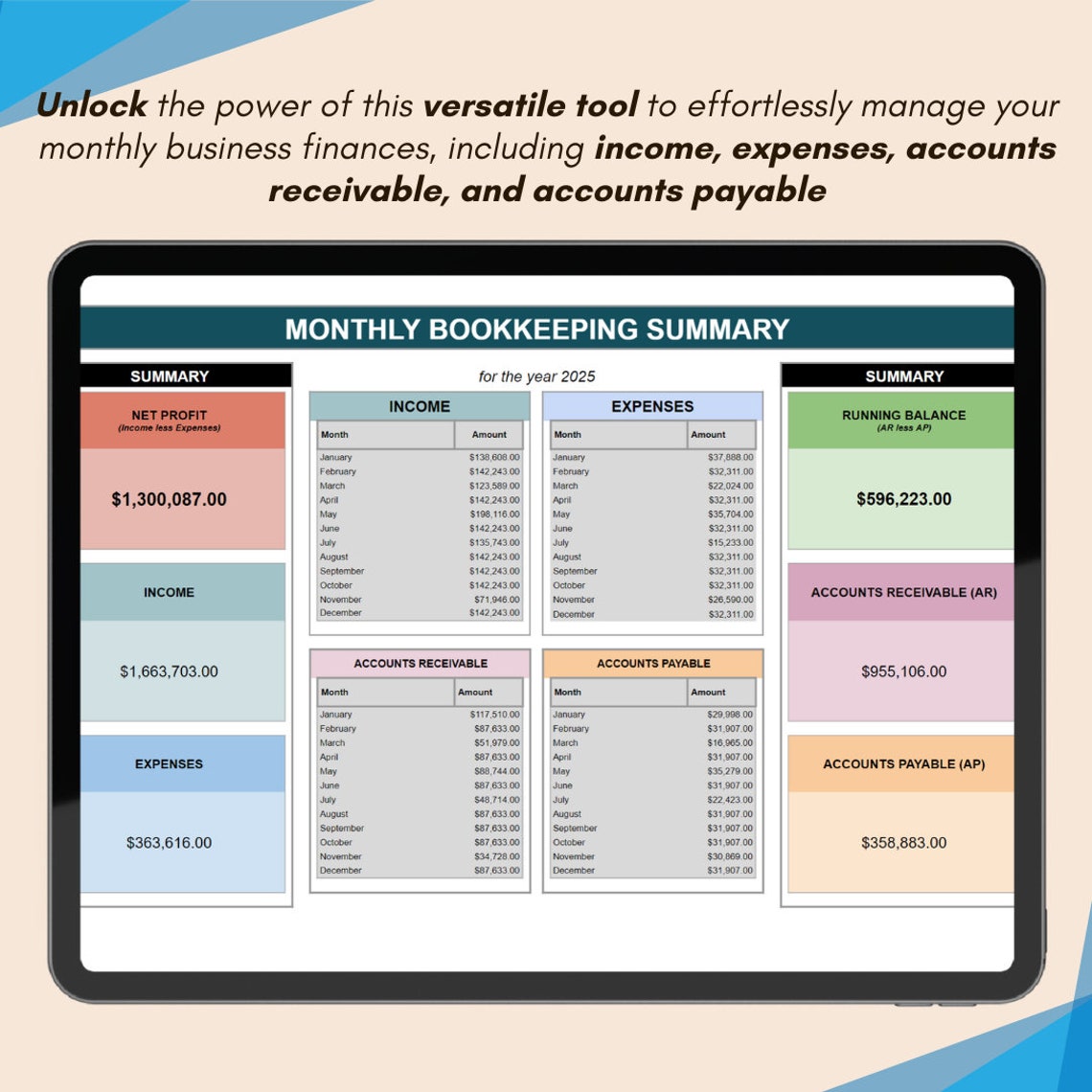 Monthly Bookkeeping Overview, Accounting Spreadsheet, Income Statement ...