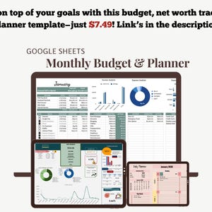 May include: A Google Sheets template for a monthly budget and planner. The template includes sections for income analysis, expense analysis, and a daily planner. The template is designed to help users track their finances and stay on top of their goals.