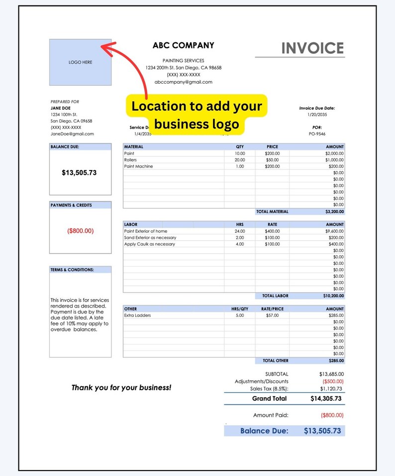 Editable Business Invoice Template (excel & Google Sheets) - Etsy