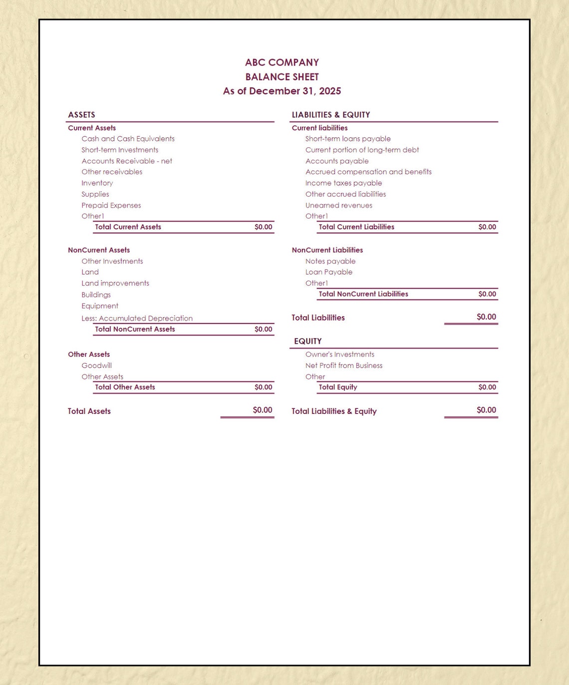 Simple Balance Sheet Template Small Business Financial Statement