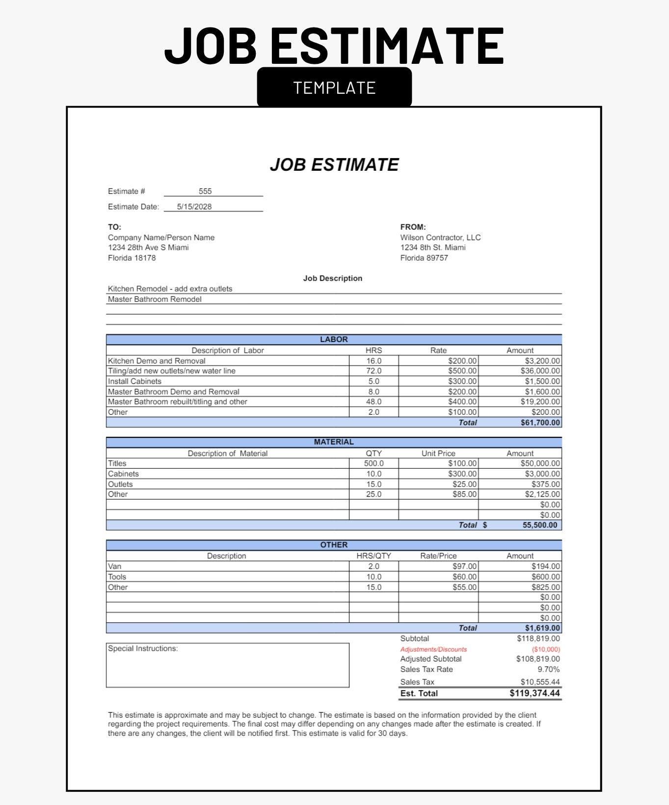 Job Estimate Template: Construction Proposal, Bid Template (excel ...