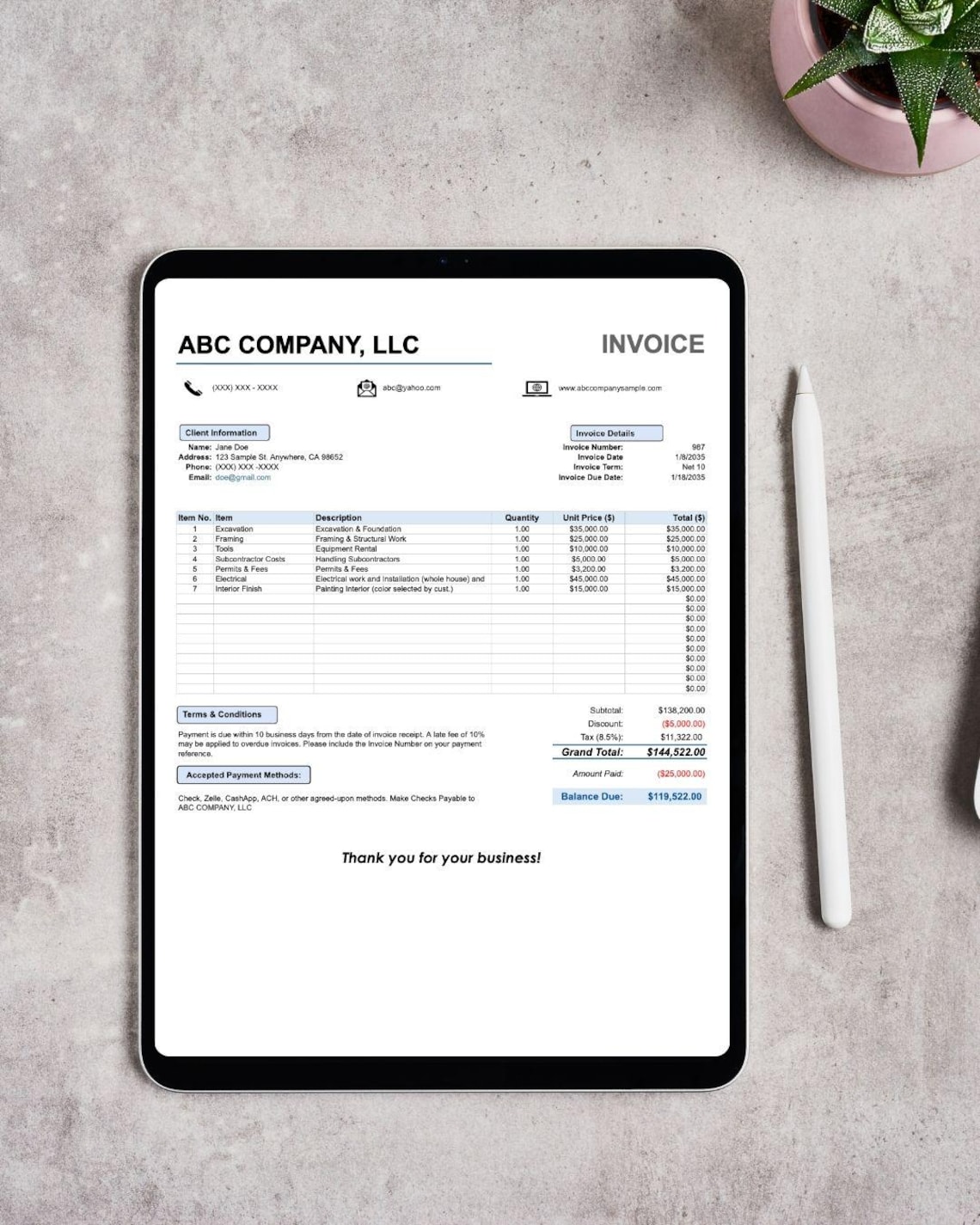 Editable Business Invoice Template | Billing Receipt (excel & Google ...