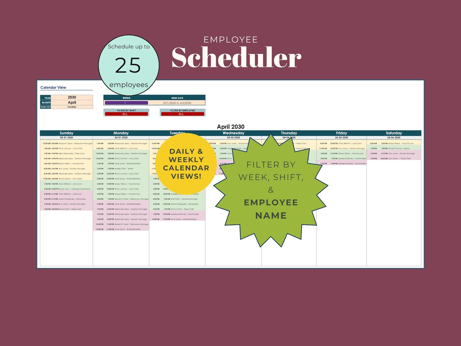 Employee Scheduler: Weekly Staff Schedule Template (excel) - Etsy