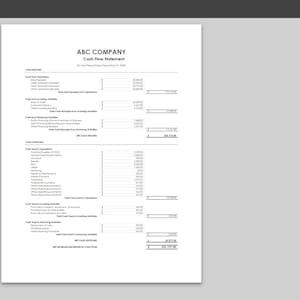 May include: A black and white cash flow statement template for ABC Company. The template includes sections for cash flow from operating activities, investing activities, and financing activities. The document is set to print in portrait orientation on letter size paper.