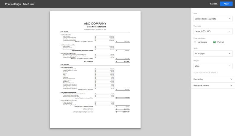May include: A black and white cash flow statement template for ABC Company. The template includes sections for cash flow from operating activities, investing activities, and financing activities. The document is set to print in portrait orientation on letter size paper.
