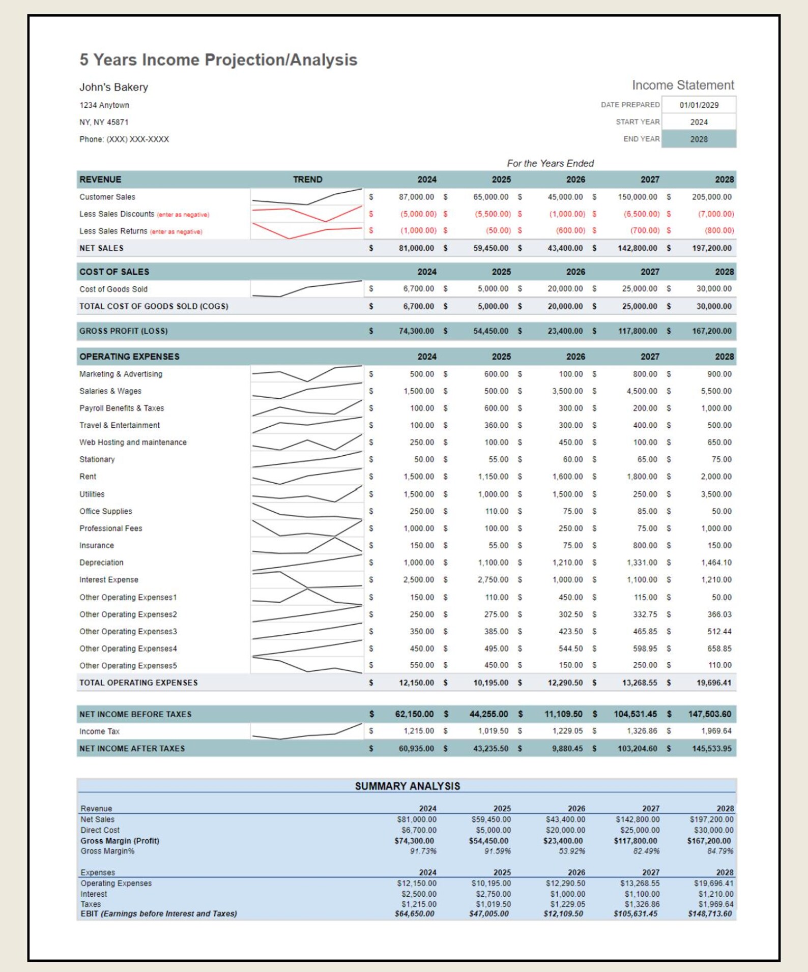 Pro Forma Income Statement Template 5 year Income Expense Analysis