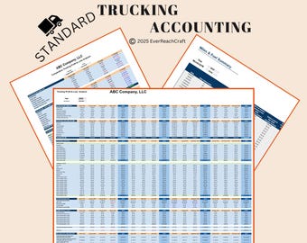 May include: A digital accounting template for trucking businesses titled Standard Trucking Accounting. The document features multiple spreadsheets including a Profit and Loss Analysis for ABC Company, LLC, and a Miles and Fuel Summary table.