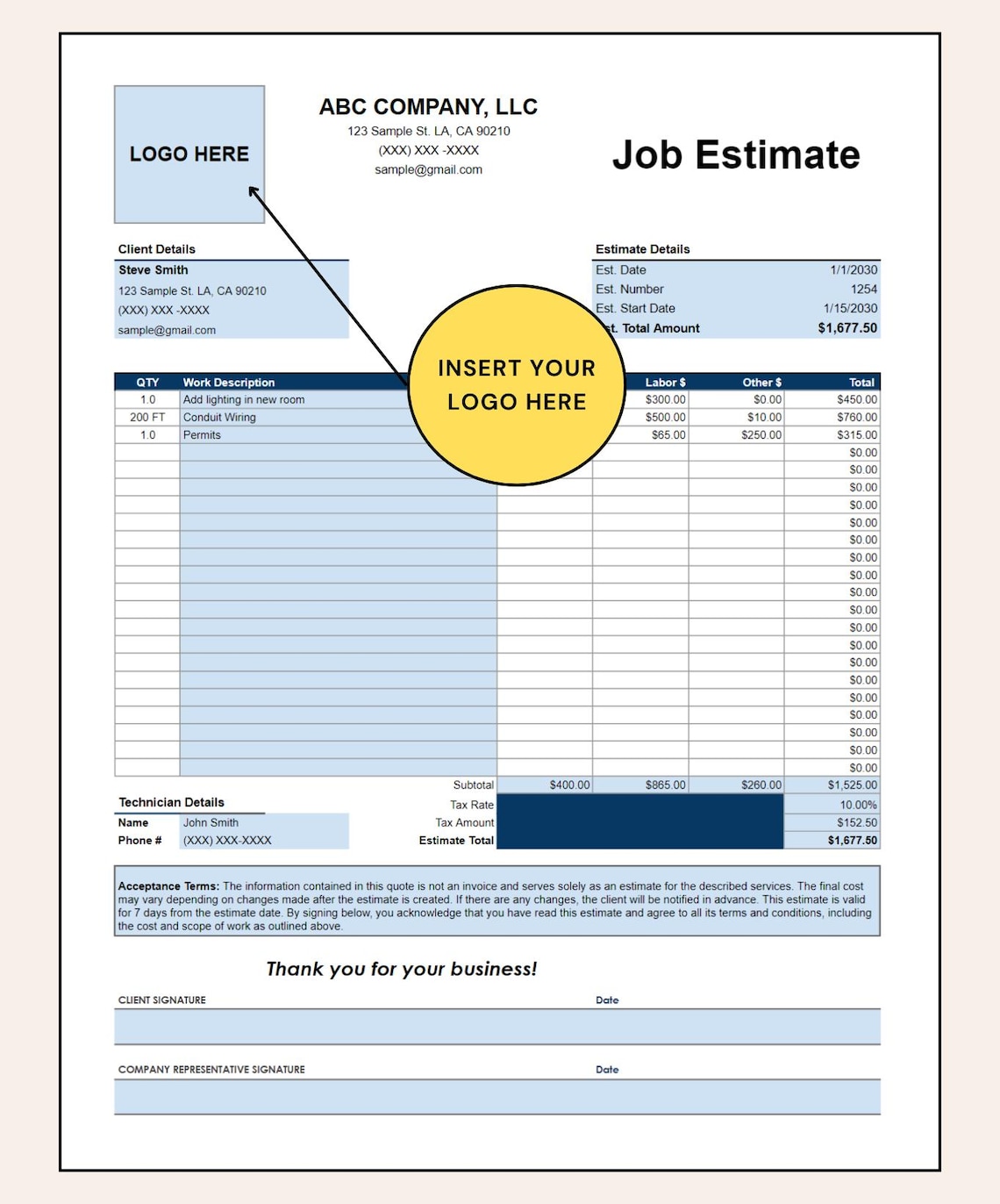 Job Estimate Template: Construction, Handyman, Plumbing (google Sheets ...