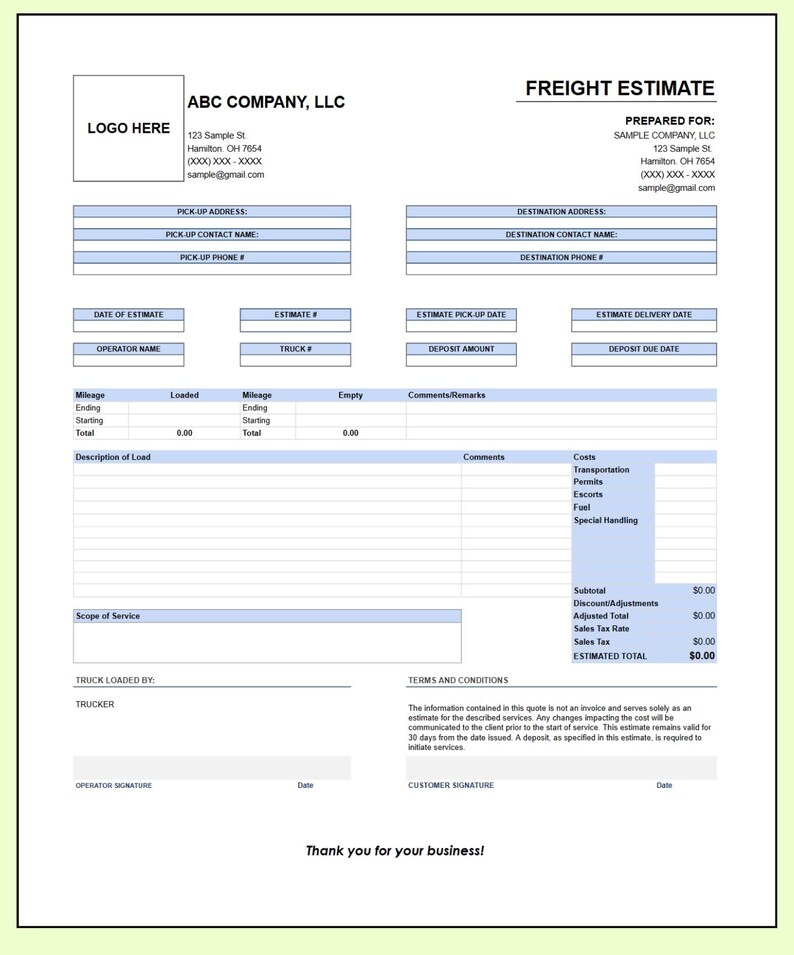 Trucking Estimate Template: Freight, Mileage, Delivery - Etsy