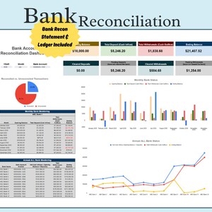 May include: A bank reconciliation dashboard with financial data, charts, and graphs. The image includes text that says "Bank Reconciliation," "Bank Recon Statement & Ledger Included," and various financial metrics such as deposits, withdrawals, and balances.