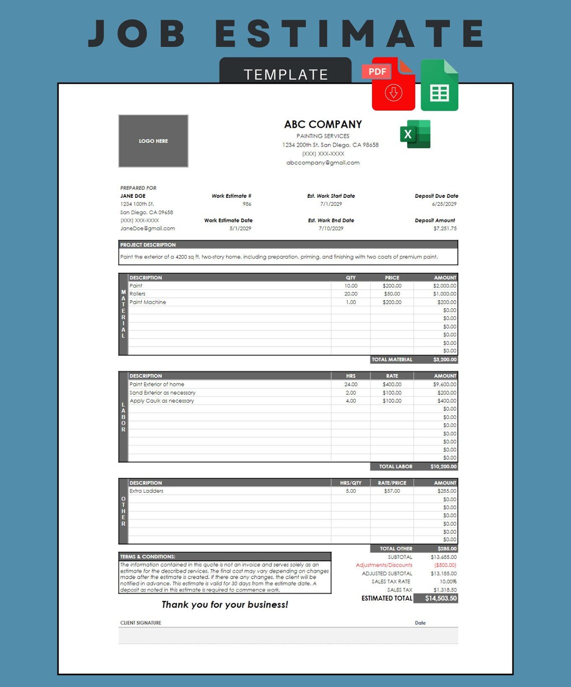 Job Estimate Template: Construction Proposal, Contractor Bid (google ...