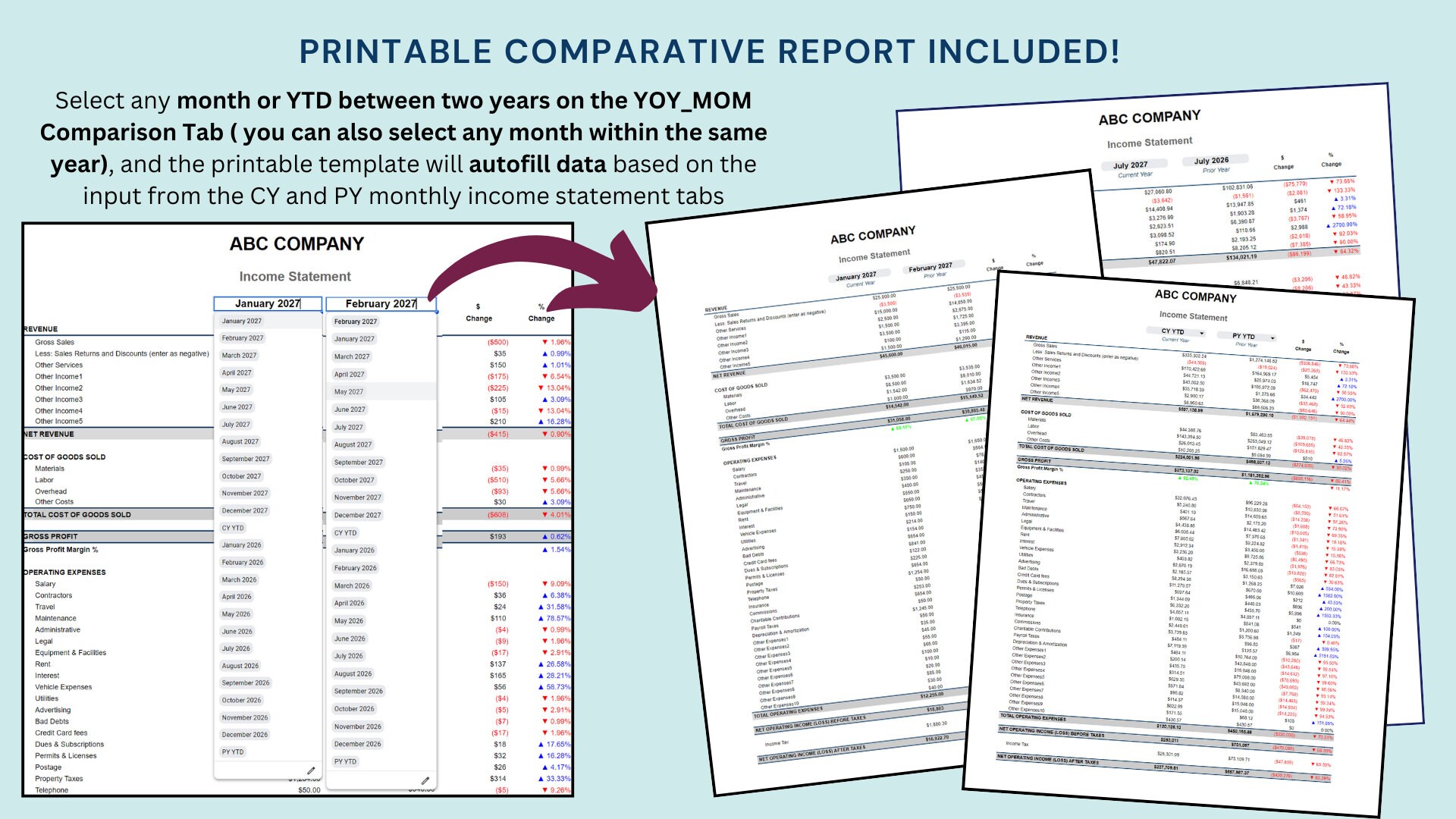 Statement Dashboard, Year Over Year Analysis, Monthly