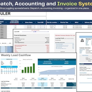 Puede incluir: Interfaz digital para un sistema de despacho, contabilidad y facturación. La imagen muestra varias hojas de cálculo y gráficos, incluido un programador de despacho, desgloses financieros y un análisis de flujo de caja semanal. El sistema está diseñado para organizar datos.