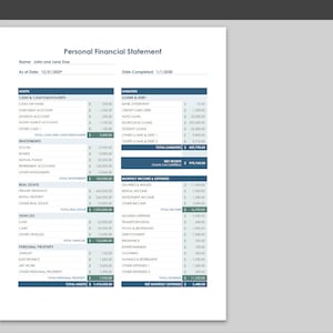 May include: A personal financial statement document with a table listing assets and liabilities. The document is titled "Personal Financial Statement" and includes the name "John and Jane Doe" and the date "12/31/2020".
