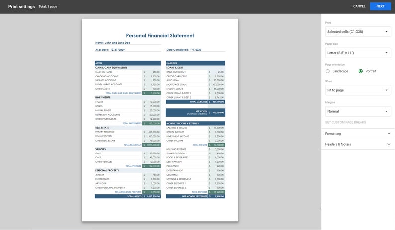 May include: A personal financial statement document with a table listing assets and liabilities. The document is titled "Personal Financial Statement" and includes the name "John and Jane Doe" and the date "12/31/2020".