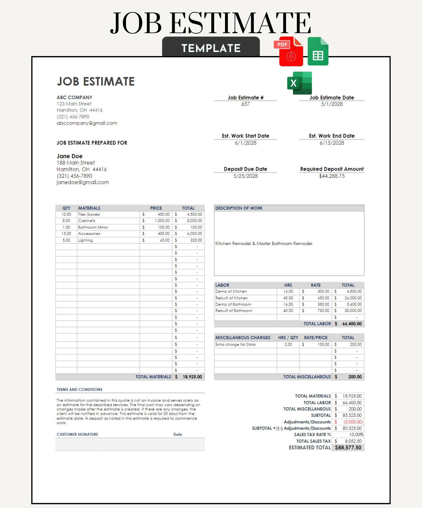 Job Estimate Template: Contractor Bid, Work Proposal (editable PDF) - Etsy  New Zealand, image size:1363x1640