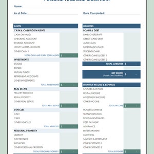 May include: A printable personal financial statement form with sections for assets, liabilities, monthly income, and expenses. The form includes categories for cash, investments, real estate, vehicles, personal property, loans, debt, salaries, wages, rental income, housing expenses, transportation, food, and entertainment.
