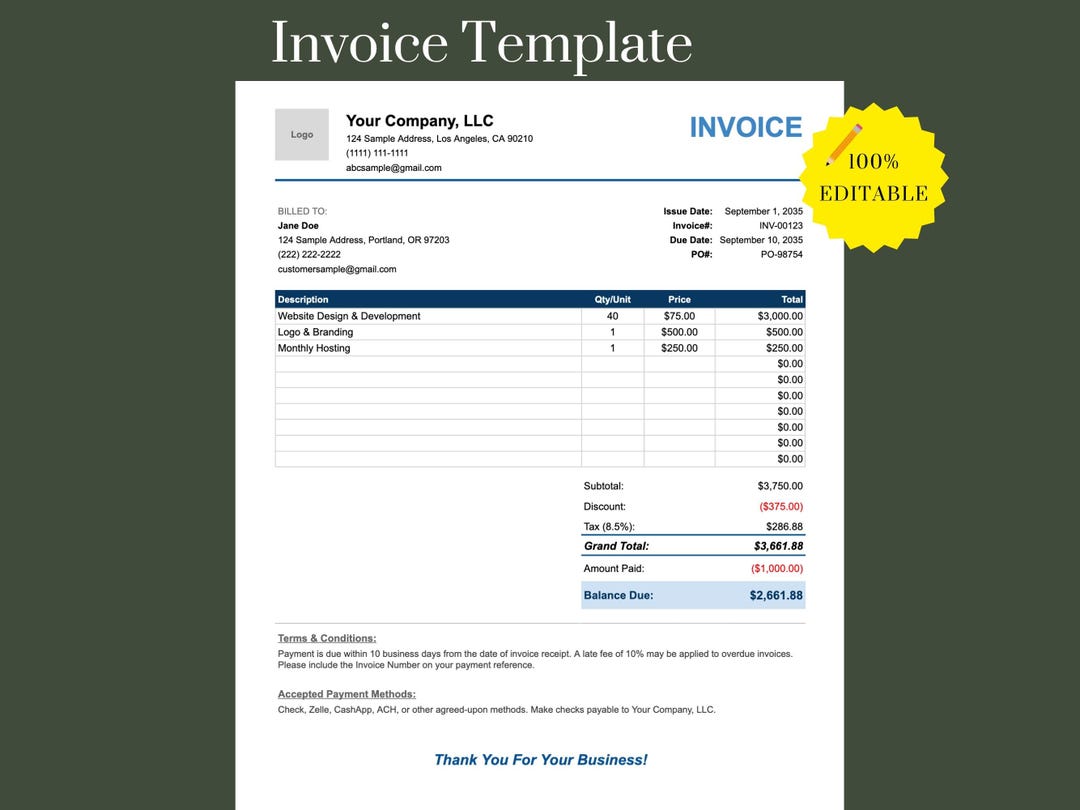 Editable Invoice Template for Small Business | Billing Receipt (excel ...