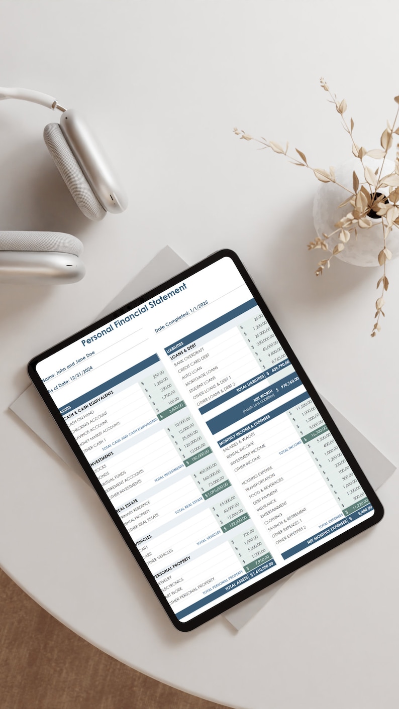 May include: A personal financial statement for John and Jane Doe, dated December 31, 2024. The statement includes assets, liabilities, monthly income, and expenses. The total assets are $1,410,500.00 and the total liabilities are $439,790.00.