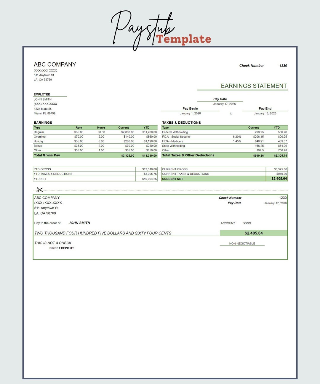 Paystub Template, Earnings Statement, Paystub Excel & Google Sheets