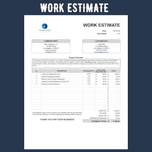 以下が含まれることがあります： プロジェクトの概要、説明、時間量、時間あたりの価格、合計を含む作業見積書。このフォームには、会社と顧客の情報、小計、税率、売上税、送料と取扱手数料、見積もり合計が含まれています。