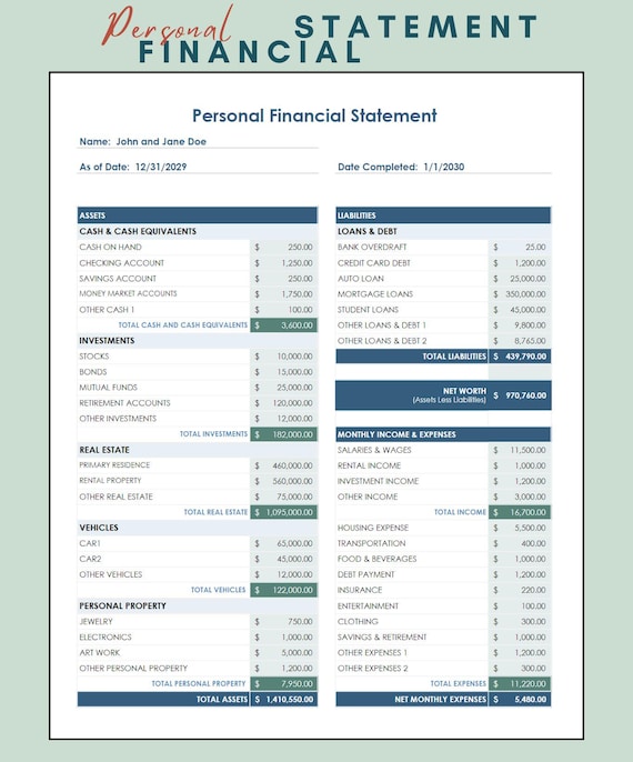 Personal Financial Statement Template: Net Worth Tracker (Excel & Google Sheets)