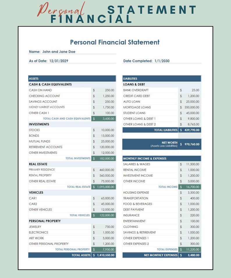 Personal Financial Statement Template: Net Worth Tracker (Excel & Google Sheets) image 1