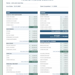 May include: A personal financial statement for John and Jane Doe, dated December 31, 2029, showing assets, liabilities, and monthly income and expenses.