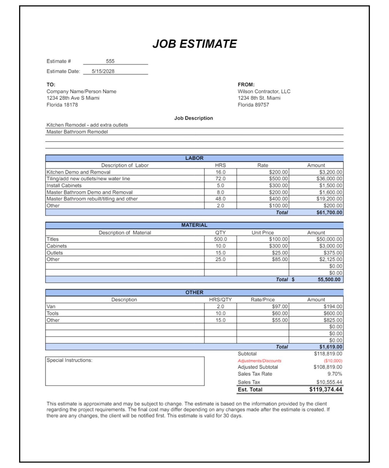 Job Estimate Template: Construction Proposal, Bid Template (excel ...