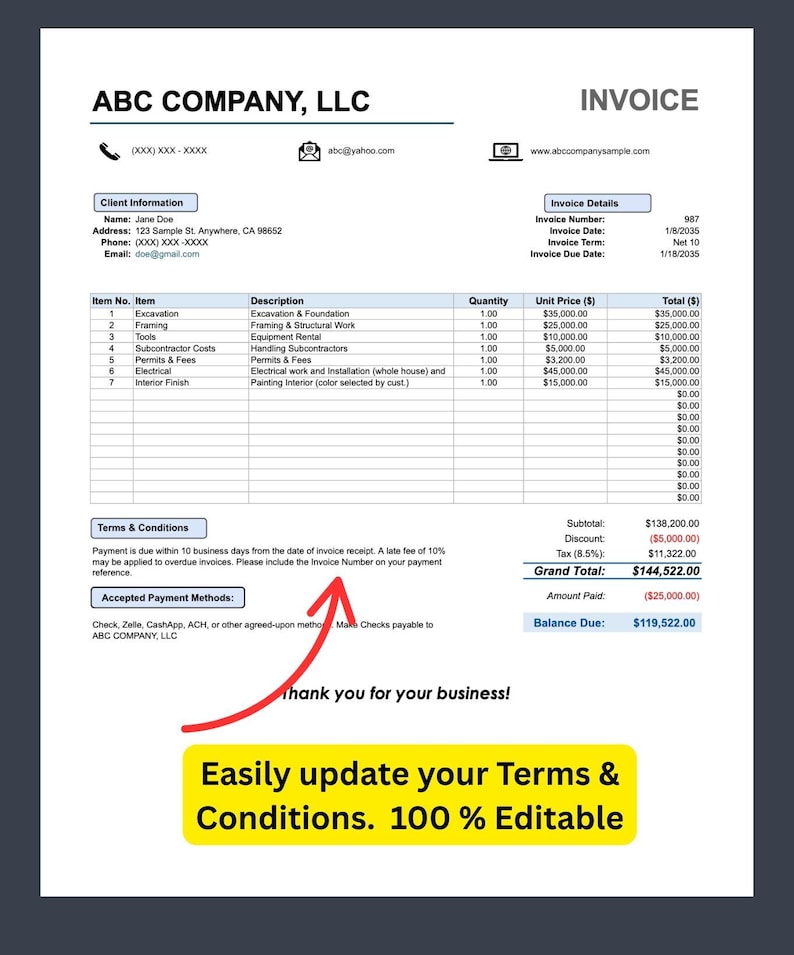 Invoice Example Llc Editable Business Invoice Template | Billing Receipt (excel & Google ...
