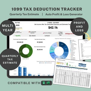 1099 Tax Deduction Tracker: Profit and Loss Spreadsheet, Quarterly Taxes Estimate