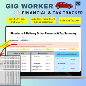 Könnte beinhalten: Ein Laptop-Bildschirm zeigt einen Finanz- und Steuer-Tracker für Mitfahr- und Lieferfahrer. Das Bild enthält den Text "GIG WORKER FINANCIAL & TAX TRACKER" und enthält Abschnitte für die automatische Steuerberechnung, Gewinn- und Verlustrechnungen sowie die Kilometerverfolgung.