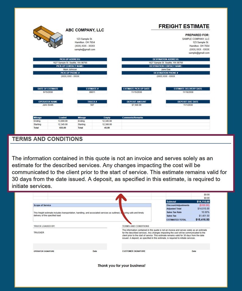 Trucking Estimate Template: Freight, Mileage, Rate - Etsy