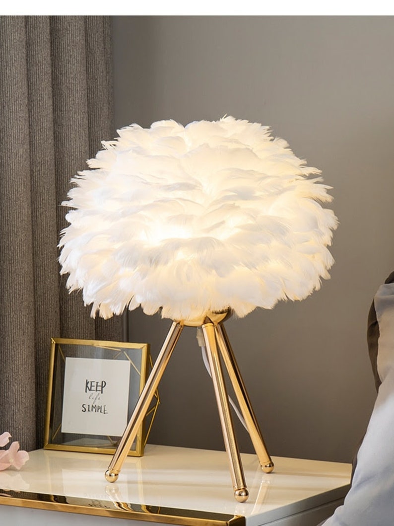 Feather Table Lamp With Elegant Gold Stand , Luxury Desk Lamp, Girl's Room Decor Pink Lamp,home