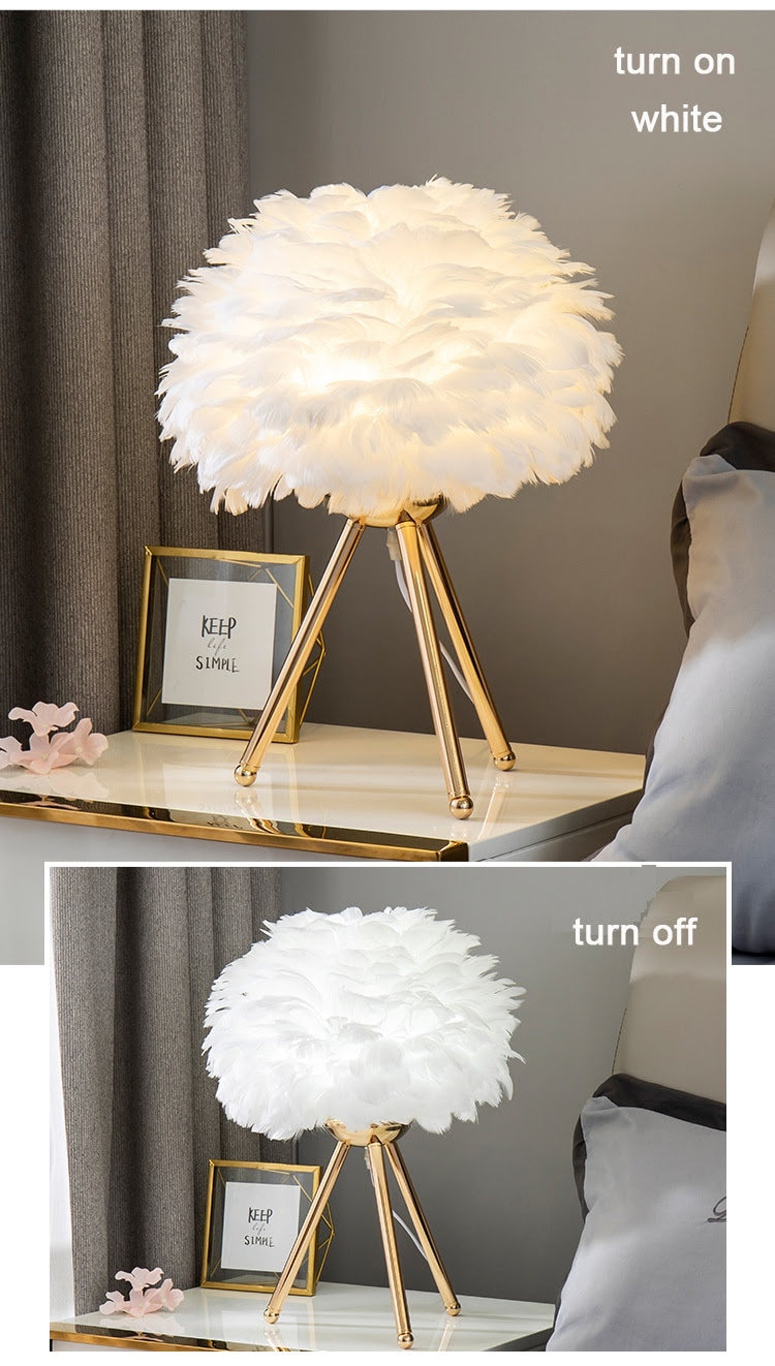 Feather Table Lamp With Elegant Gold Stand , Luxury Desk Lamp, Girl's Room Decor Pink Lamp,home