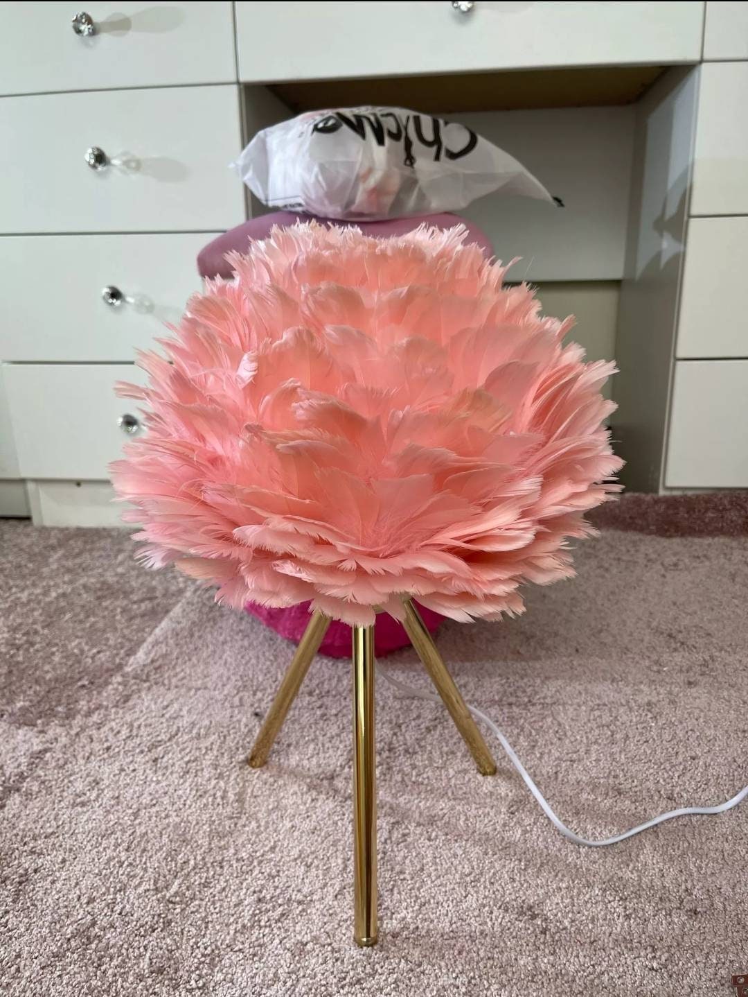 Feather Table Lamp With Elegant Gold Stand , Luxury Desk Lamp, Girl's ...
