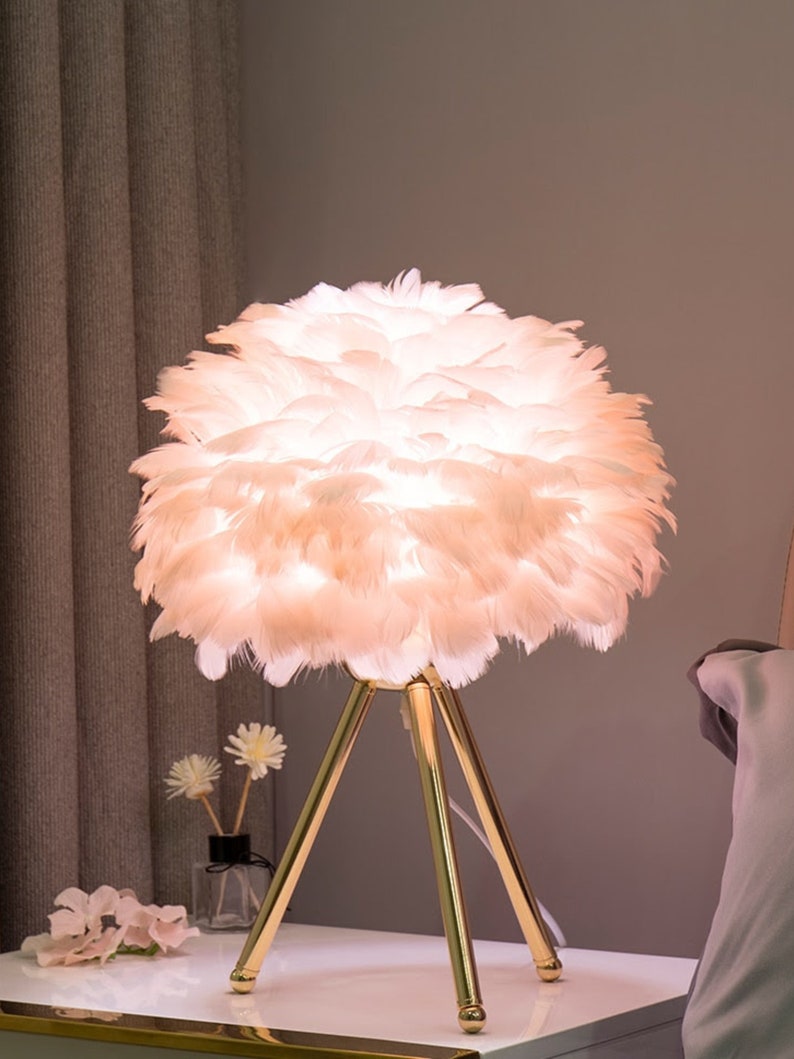 Feather Table Lamp With Elegant Gold Stand , Luxury Desk Lamp, Girl's Room Decor Pink Lamp,home
