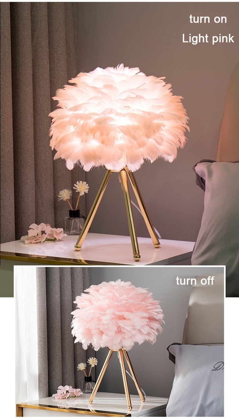 Feather Table Lamp With Elegant Gold Stand , Luxury Desk Lamp, Girl's Room Decor Pink Lamp,home