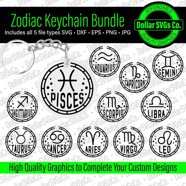 Zodiac Keychain Bundle SVG | Astrology keychains SVG | Keychain bundle | instant download | commercial use | png | svg | eps | jpg | dxf