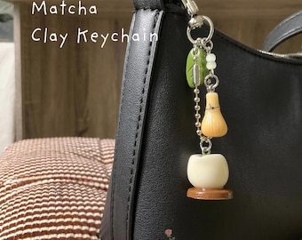 Matcha Clay Keychain, Handmade Matcha Set Bagcharm, Kawaii Tea Lover Gift