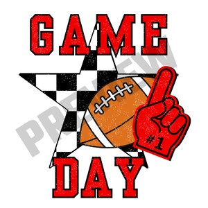 K&ouml;nnte beinhalten: Rote und wei&szlig;e Grafik mit dem Text "GAME DAY" in roter Blockschrift. Ein Football und ein roter Schaumstoff-Finger mit der Nummer "#1" befinden sich in der Mitte der Grafik.