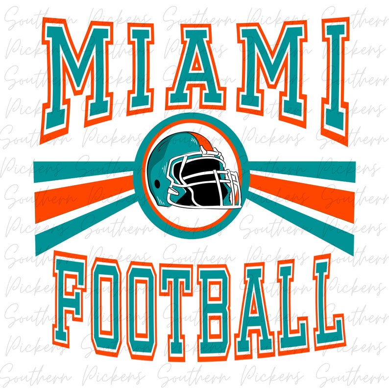 May include: A graphic design featuring the words "MIAMI FOOTBALL" in a teal and orange color scheme. A teal and orange football helmet is centered above the words.