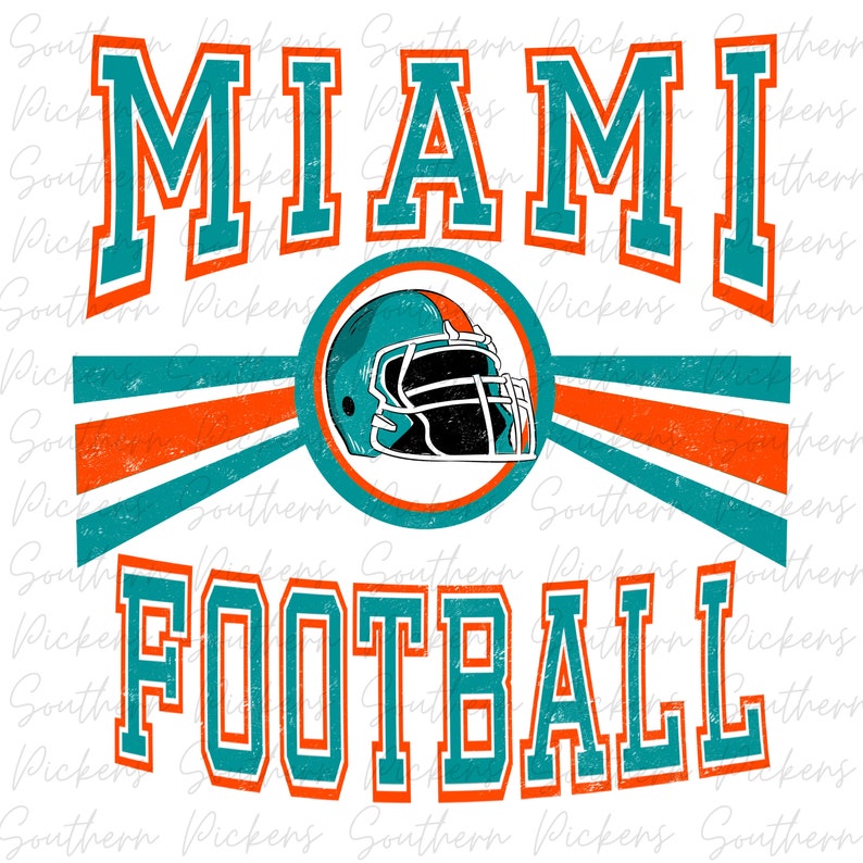 May include: A vintage-style graphic with the text "MIAMI FOOTBALL" in teal and orange lettering. A teal and orange football helmet is centered in the graphic.