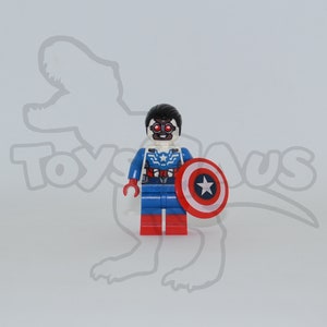 May include: A Lego minifigure of a superhero wearing a blue, red and white costume with a red, white and blue shield. The figure has black hair and a black mask with red goggles.