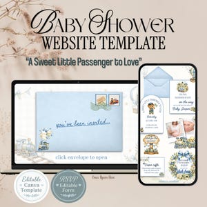 Pode incluir: Modelo de site para chá de bebê com tema de trem azul e branco. O design inclui um convite na tela de um laptop e um telefone exibindo detalhes do evento. O texto inclui "Baby Shower Website Template" e "A Sweet Little Passenger to Love."