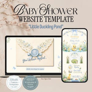 以下が含まれることがあります： ノートパソコンとスマートフォンに表示された「Little Duckling Pond」というタイトルのベビーシャワー用ウェブサイトテンプレート。クリーム色の封筒、青いワックスシール、アヒルの子のイラスト、青い花のアクセント、テキスト要素がデザインされています。